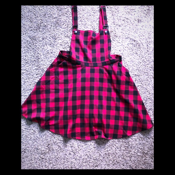 red & black plaid overall dress